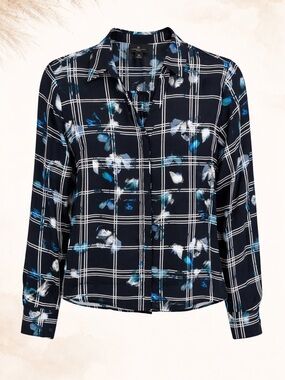 Worthington Black Plaid Floral Blouse | Flowy Lightweight Top | Size PM